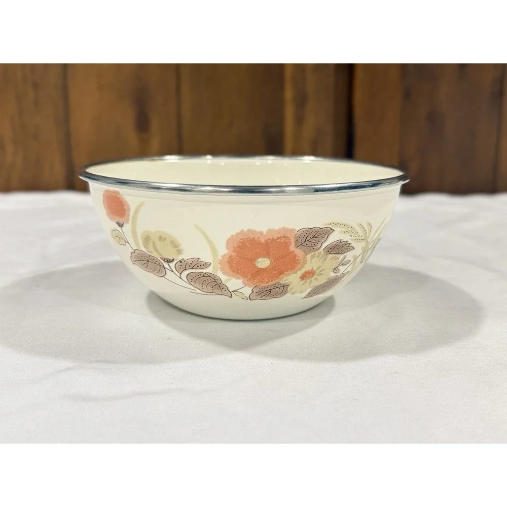 Vintage Enamelware Nesting Mixing Bowls Set 3 Orange Floral 70s Farmhouse